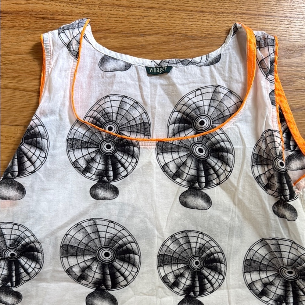 Villager Sleeveless Top Tank Vintage Fan Print Women's Small Lightweight Woven